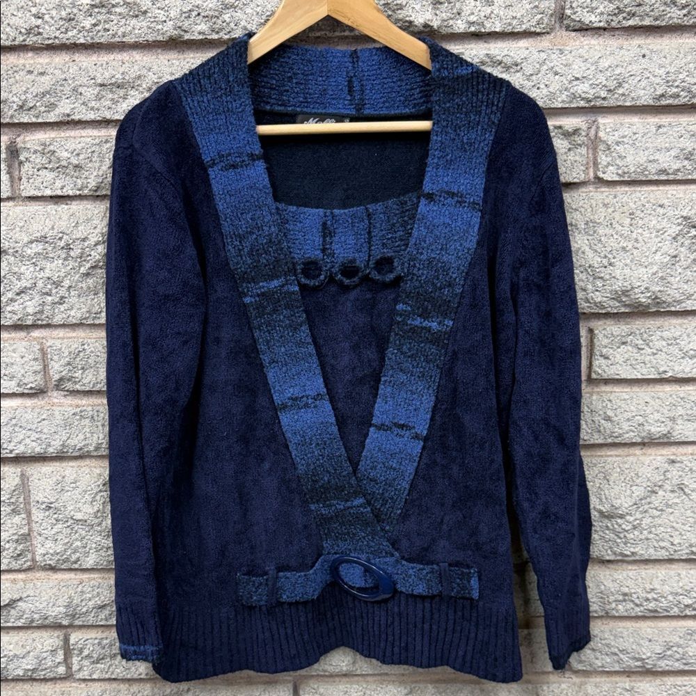 Vintage Moffi Navy V-Neck Sweater with Patterned Accents